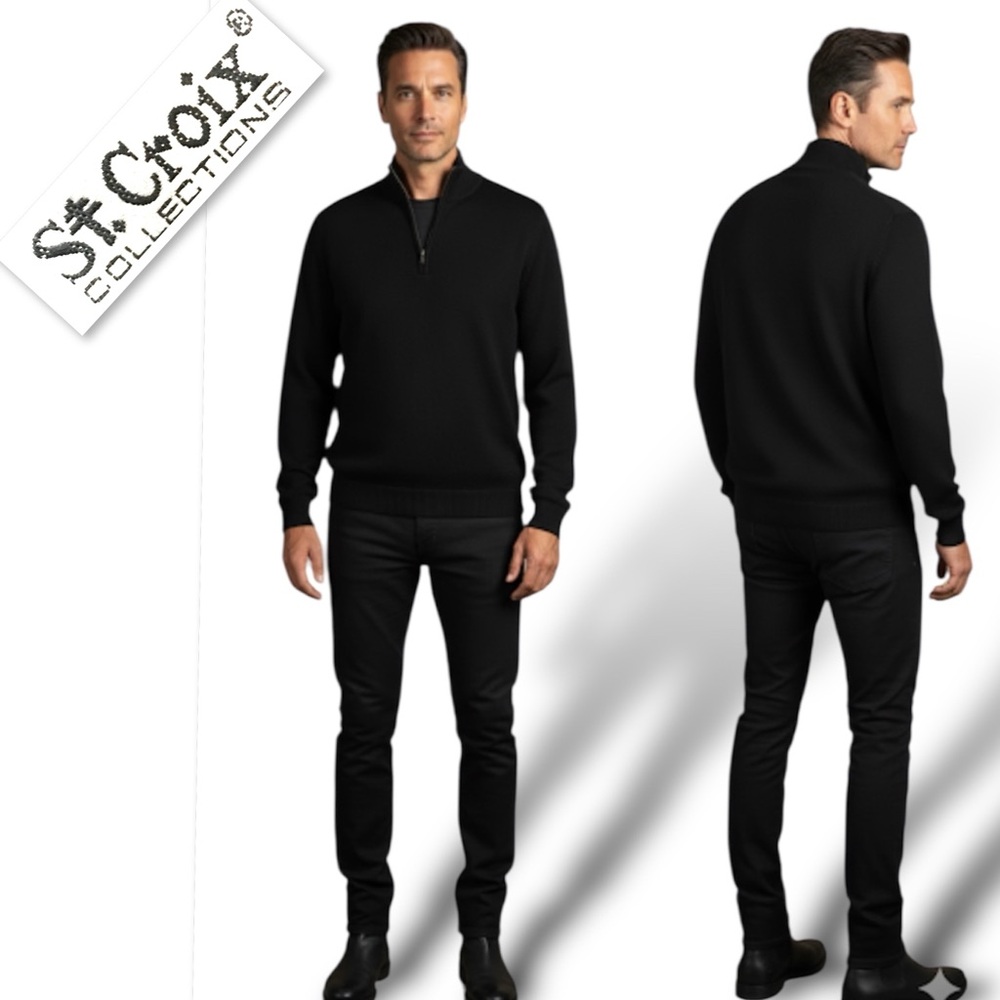 St. Croix Collections Mondo Uomo Black Wool 1/4 Zip Sweater Size XL